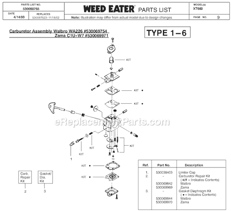 Page I Diagram and Parts List for XT600 Type 6 Weed Eater Trimmer